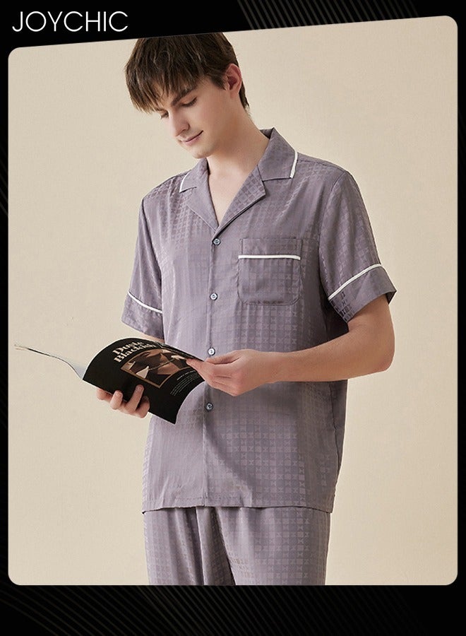 Modern Style Summer Ice Silk Short-sleeved Long Pants Pajama Set Comfty Breathable Men's Home Clothes Button Front Bedroom Sleepwear Grey