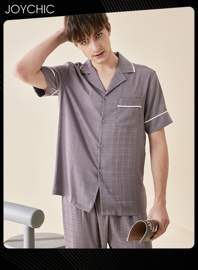 Modern Style Summer Ice Silk Short-sleeved Long Pants Pajama Set Comfty Breathable Men's Home Clothes Button Front Bedroom Sleepwear Grey