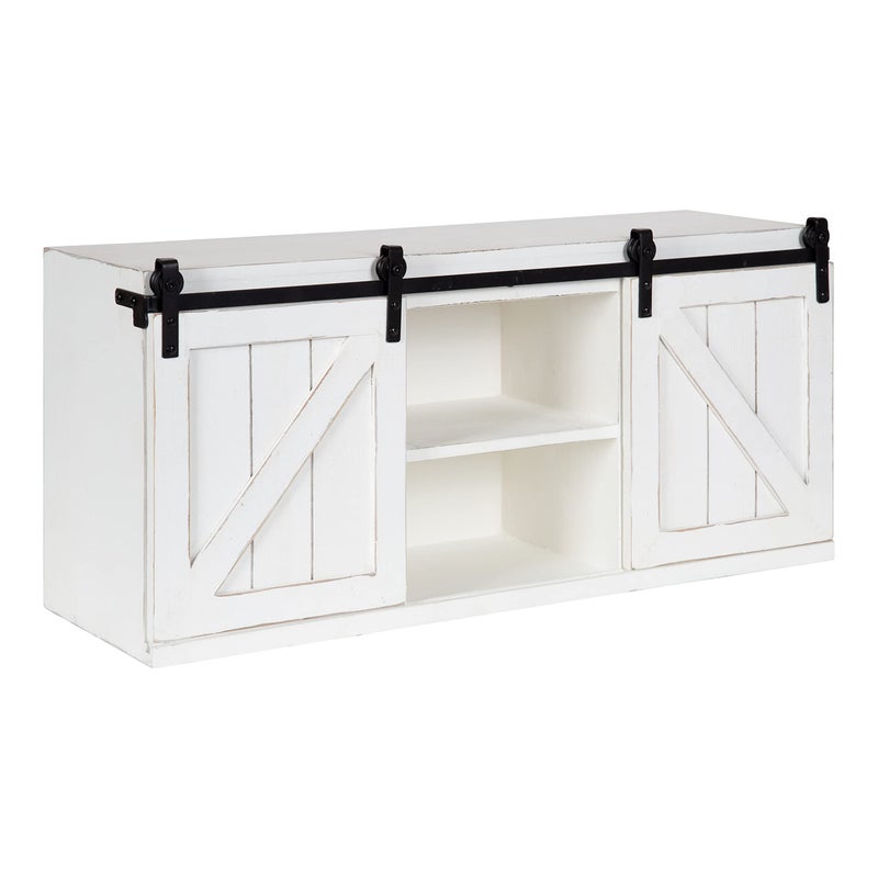Kate and Laurel Kate and Laurel Cates Rustic Sliding Door Floating Wall Cabinet 30 x 10 x 14 White Decorative Distressed Wood Storage Cabinet for Farmhouse Wall Decor 