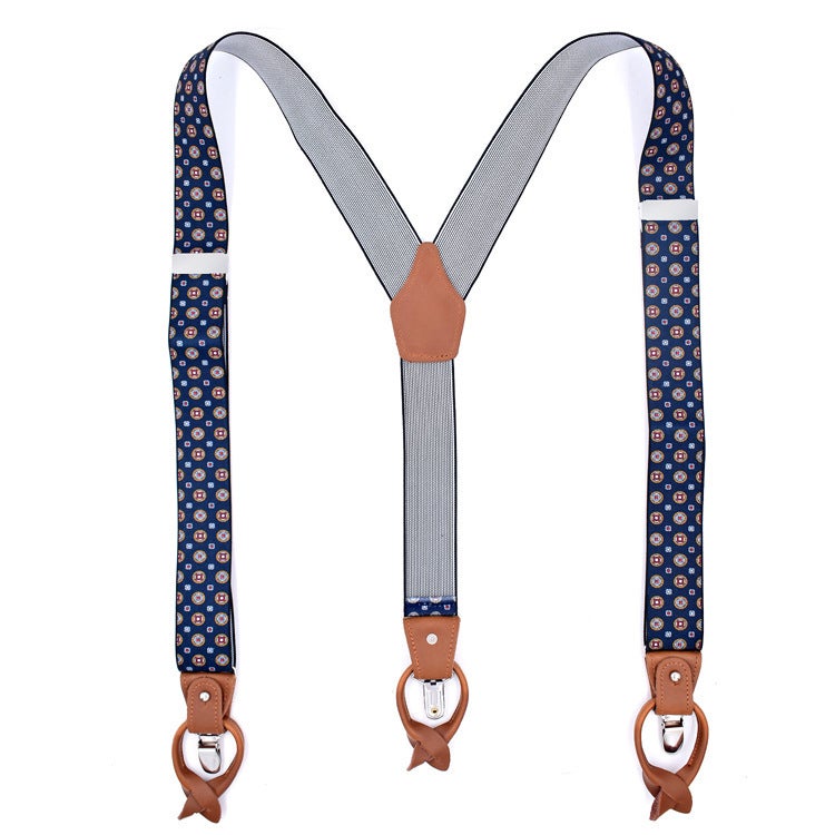 Mens Trendy Suspenders 3.5cm Adjustable Elastic 6 Clips Casual Straps Blue round treasure 