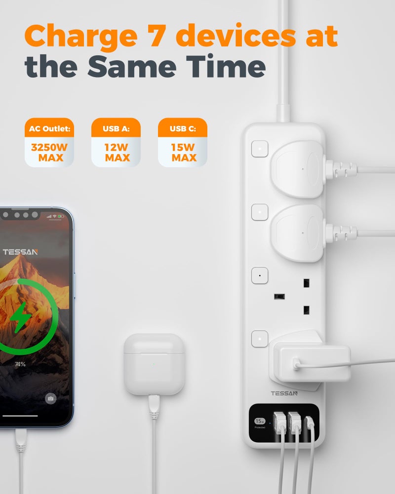تيسان TESSAN Extension Lead with USB C Slots, 4 Way Plug with Individual Switch - Image 5