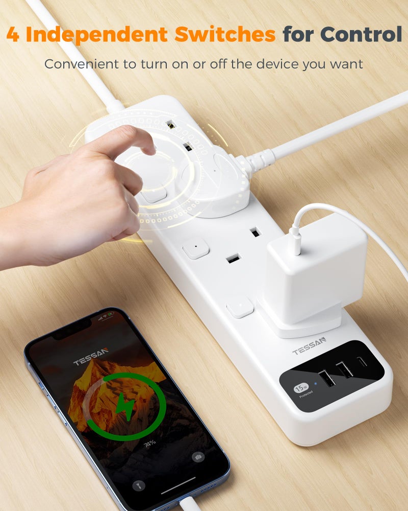 تيسان TESSAN Extension Lead with USB C Slots, 4 Way Plug with Individual Switch - Image 3