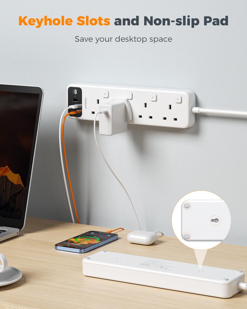 تيسان TESSAN Extension Lead with USB C Slots, 4 Way Plug with Individual Switch - Image 4