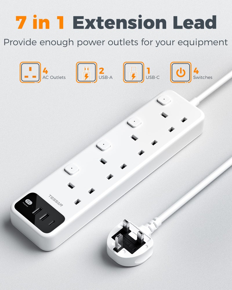 تيسان TESSAN Extension Lead with USB C Slots, 4 Way Plug with Individual Switch - Image 2