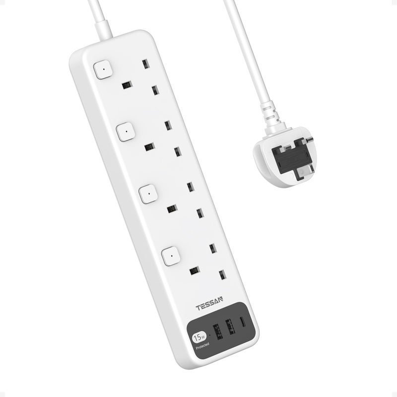 تيسان TESSAN Extension Lead with USB C Slots, 4 Way Plug with Individual Switch - Image 1