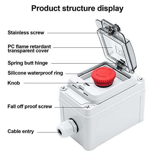 OELFFOW IP67 Button Switch Outdoor Waterproof Box Red Button Emergency Stop with Protective Cover Anti-misoperation Switch(AC/DC 6A-110V/3A-240V/2.5A-380V) - Image 2