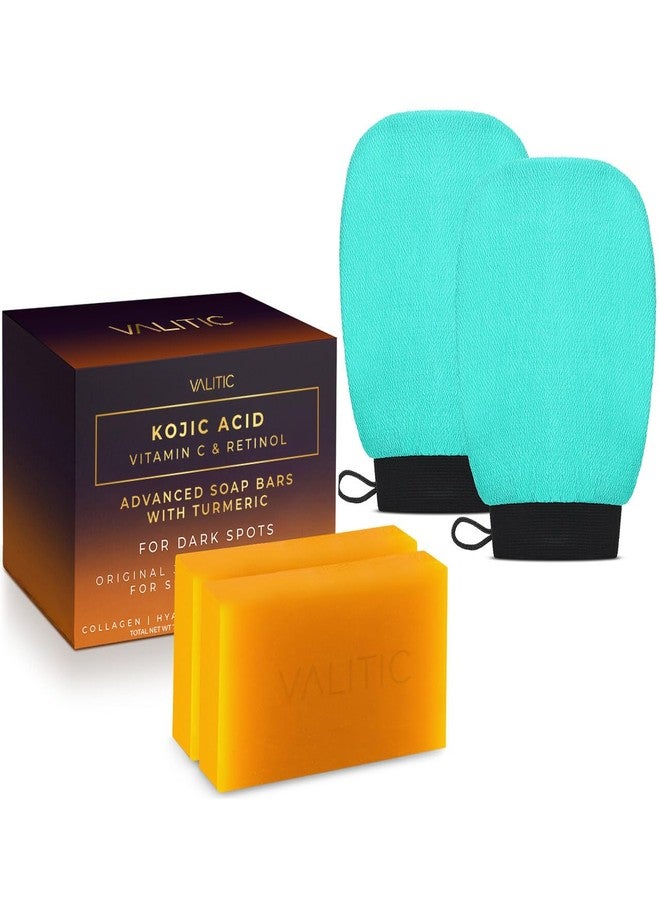 VALITIC 2 Pack Kojic Acid Vitamin C & Retinol Soap Bars for Dark Spot & A Pair of Turquoise Exfoliating Gloves for Body Scrubs - Image 1