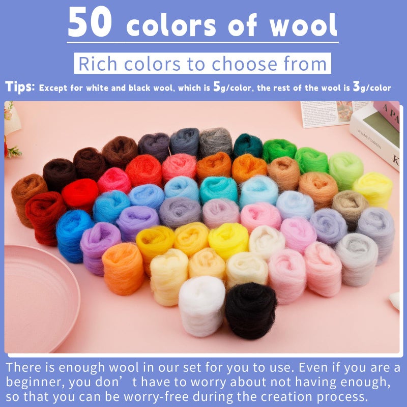 IMZAY 50 Colors 5.4 Oz Needle Felting Wool, 3g/Pack Wool Roving Yarn for Beginners, Fiber Wool Roving for DIY Hand Spinning, Felting Crafts, Needle Felt Roving DIY Craft, Black/White 5g Each - Image 2