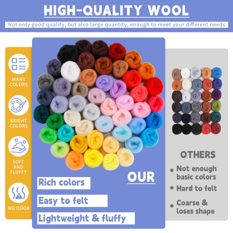 IMZAY 50 Colors 5.4 Oz Needle Felting Wool, 3g/Pack Wool Roving Yarn for Beginners, Fiber Wool Roving for DIY Hand Spinning, Felting Crafts, Needle Felt Roving DIY Craft, Black/White 5g Each - Image 3