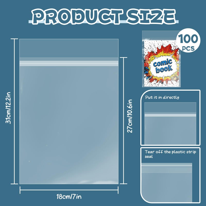 VOKOY 100 Pack Resealable Current Size Comic Book Bags, Crystal Clear Self Sealing Comic Sleeves Storage Protection for Regular Comics Magazine Storage, 7.2 X 10.6 Inches - Image 2