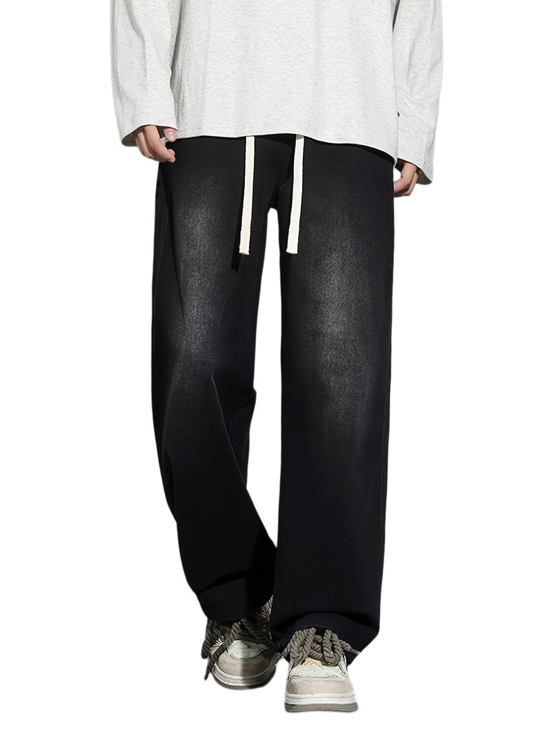 Men's Straight-Leg Relaxed Fit Non-Stretch Elastic Waistband Heavy Wash Salted Cat Whisker Five-Color Choice Jeans YG1133 - Image 1