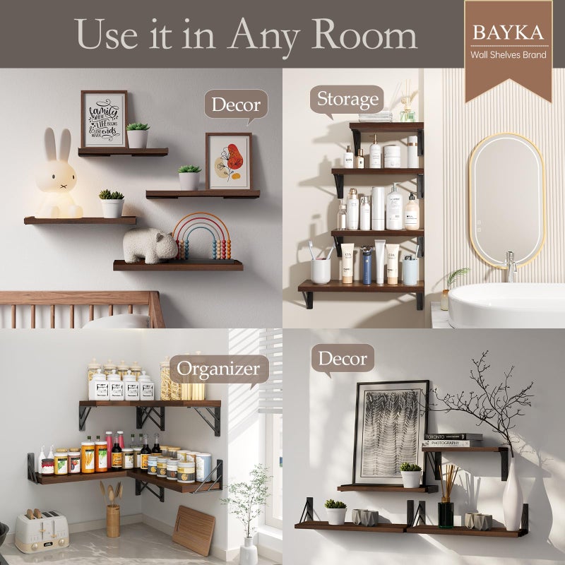 BAYKA Floating Shelves for Wall, Book Shelf for Bedroom, Decor Shelves for Living Room Kitchen, Mounted Wood Floating Shelf for Home Decor, Corner Shelf for Bathroom, Office(Dark Brown,Set of 4) - Image 3