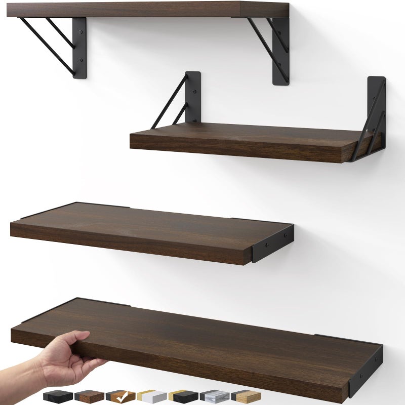 BAYKA Floating Shelves for Wall, Book Shelf for Bedroom, Decor Shelves for Living Room Kitchen, Mounted Wood Floating Shelf for Home Decor, Corner Shelf for Bathroom, Office(Dark Brown,Set of 4) - Image 1