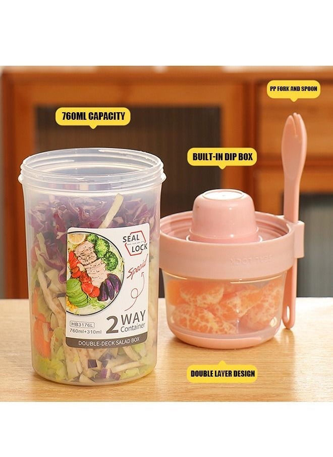 Generic Salad Cup Breakfast Cup, Double Layer Salad Meal Shaker Cup with Fork and Salad Dressing Holder, Portable Plastic Multipurpose Container Jar (Pink)  - Image 3