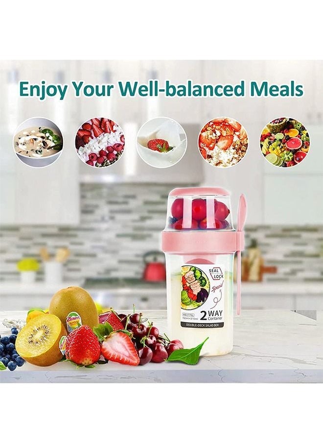 Generic - Salad Cup Breakfast Cup, Double Layer Salad Meal Shaker Cup with Fork and Salad Dressing Holder, Portable Plastic Multipurpose Container Jar (Pink) - Image 1