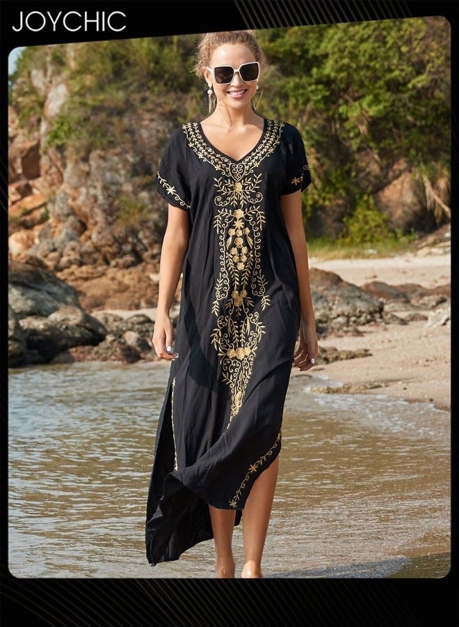 Joychic Women Summer Ethnic Print Short Sleeved Loose Skin-friendly Breathable V Neck Beach Cover Up - Image 1