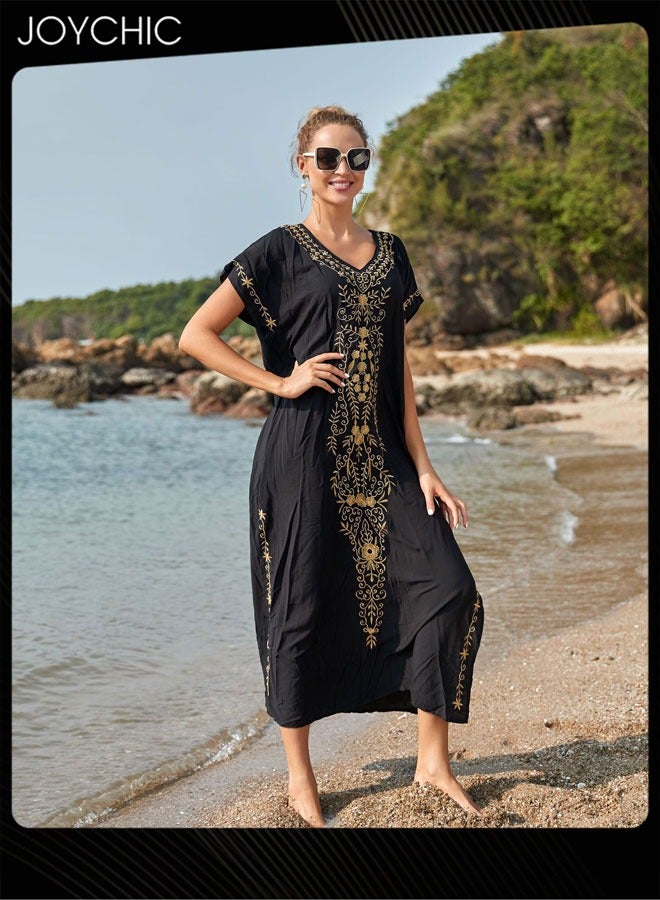 Joychic Women Summer Ethnic Print Short Sleeved Loose Skin-friendly Breathable V Neck Beach Cover Up - Image 3