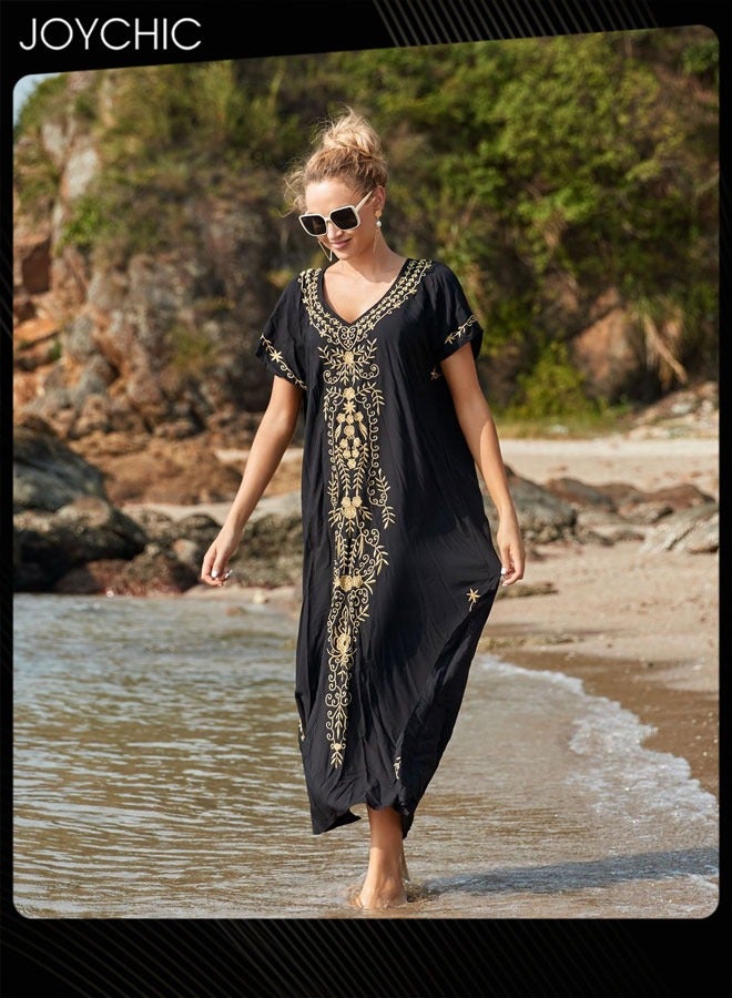 Joychic Women Summer Ethnic Print Short Sleeved Loose Skin-friendly Breathable V Neck Beach Cover Up - Image 2