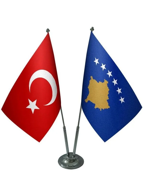 ساترنديزاين Desktop Kosovo Flag Turkish Flag Double Chrome Pole Table Flag Set