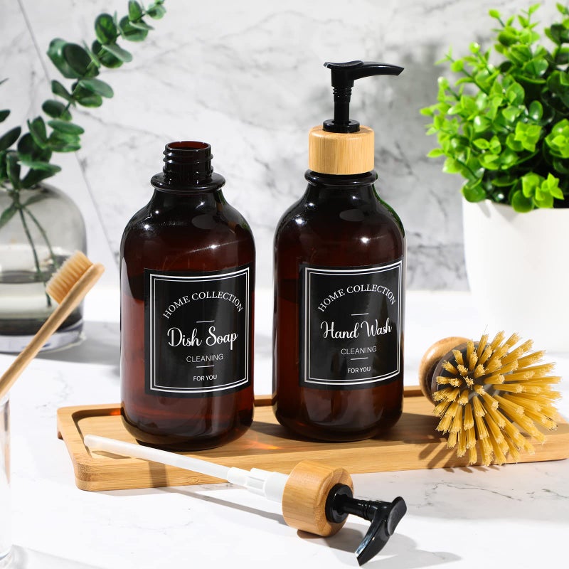 Zopeal 4 Pcs Kitchen Soap Dispenser Set with Bamboo Tray and Dish Brush Plastic Soap Dispenser Set with Waterproof Labels for Hand Dish Lotion(Brown) - Image 3
