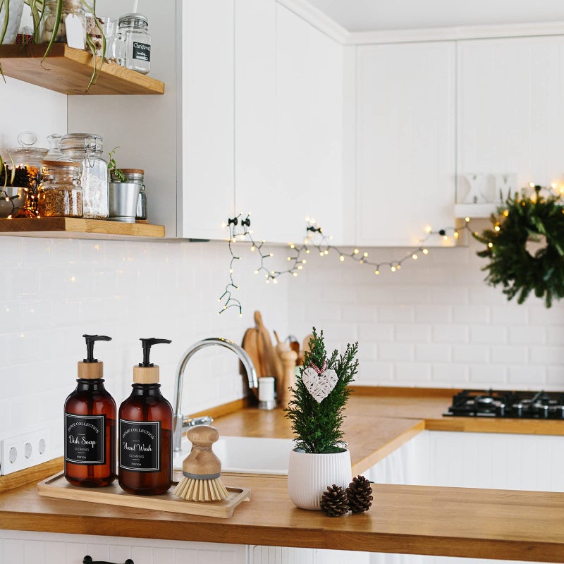 Zopeal 4 Pcs Kitchen Soap Dispenser Set with Bamboo Tray and Dish Brush Plastic Soap Dispenser Set with Waterproof Labels for Hand Dish Lotion(Brown) - Image 4