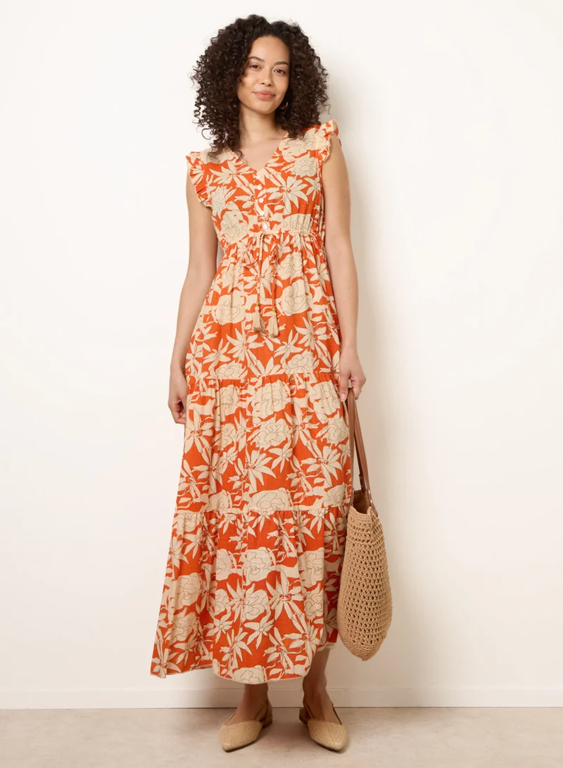 Blue Vanilla Button Frill Sleeve Dress