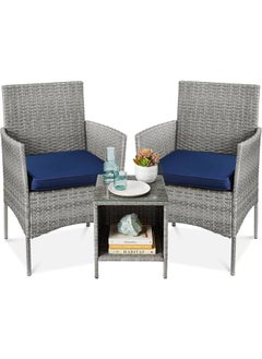 Sweet Furniture 3-Piece Outdoor Wicker Bistro Set – Space-Saving Patio Furniture with Side Table for Garden, Balcony, or Porch – Gray/Navy  - Image 1
