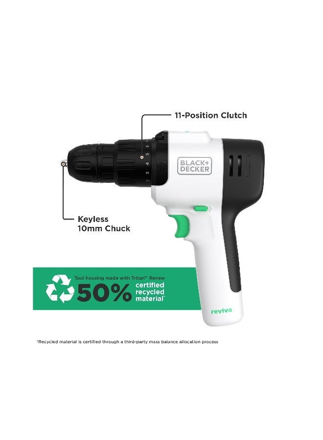 BLACK+DECKER Reviva Powerful 12V Cordless Lightweight Hammer Drill Made From 50% Recycled Material with maximum 400Nm torque - Image 2