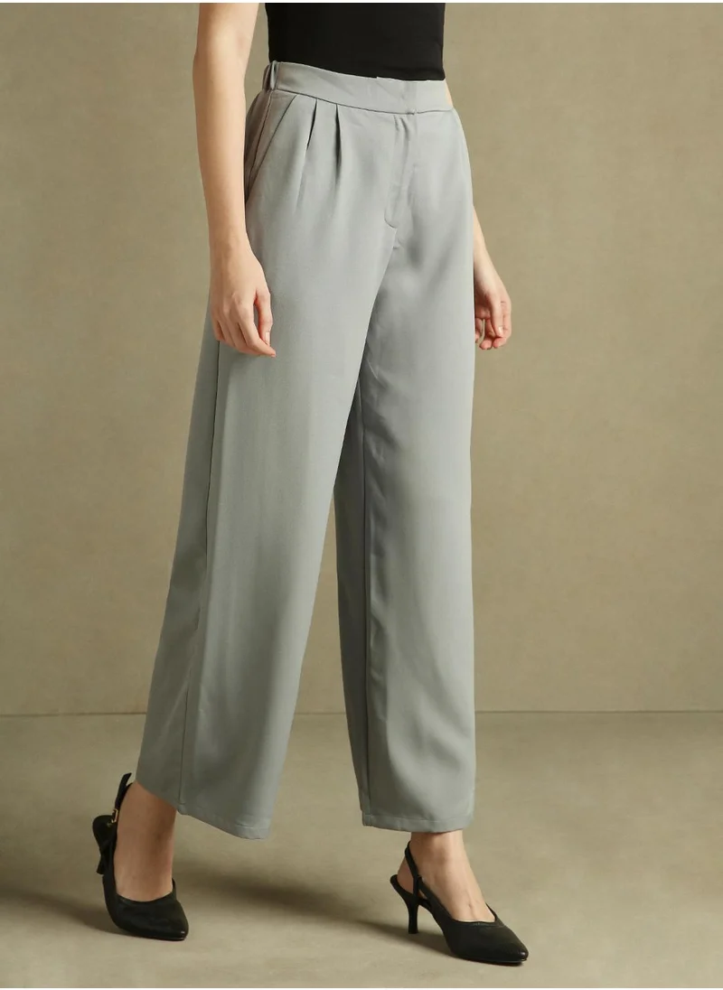 دينيس لينغو Women's Grey 100% Polyester Solid Full Length Pleat Front Relaxed Fit Trouser