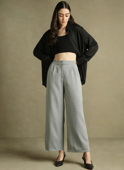 Dennis Lingo Women's Grey 100% Polyester Solid Full Length Pleat Front Relaxed Fit Trouser