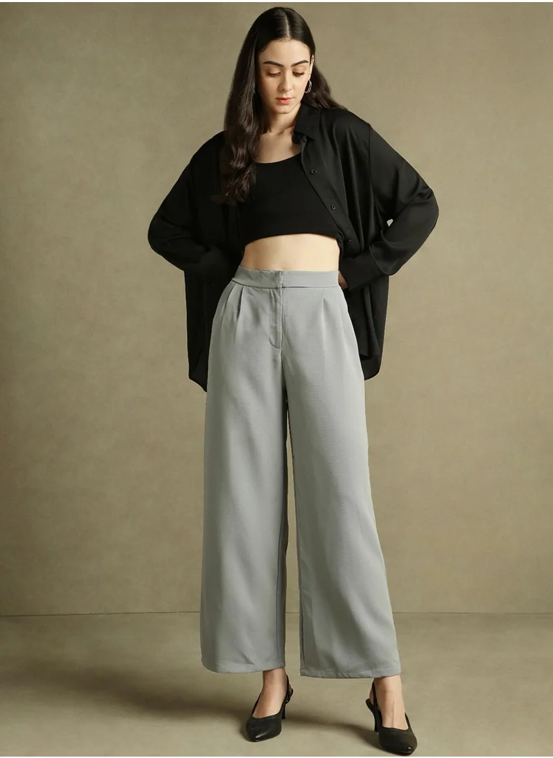 دينيس لينغو Women's Grey 100% Polyester Solid Full Length Pleat Front Relaxed Fit Trouser