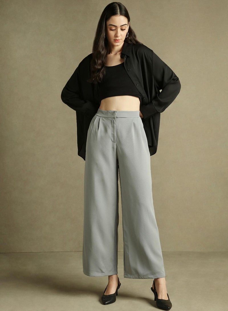 Dennis Lingo Women's Grey 100% Polyester Solid Full Length Pleat Front Relaxed Fit Trouser - Image 1