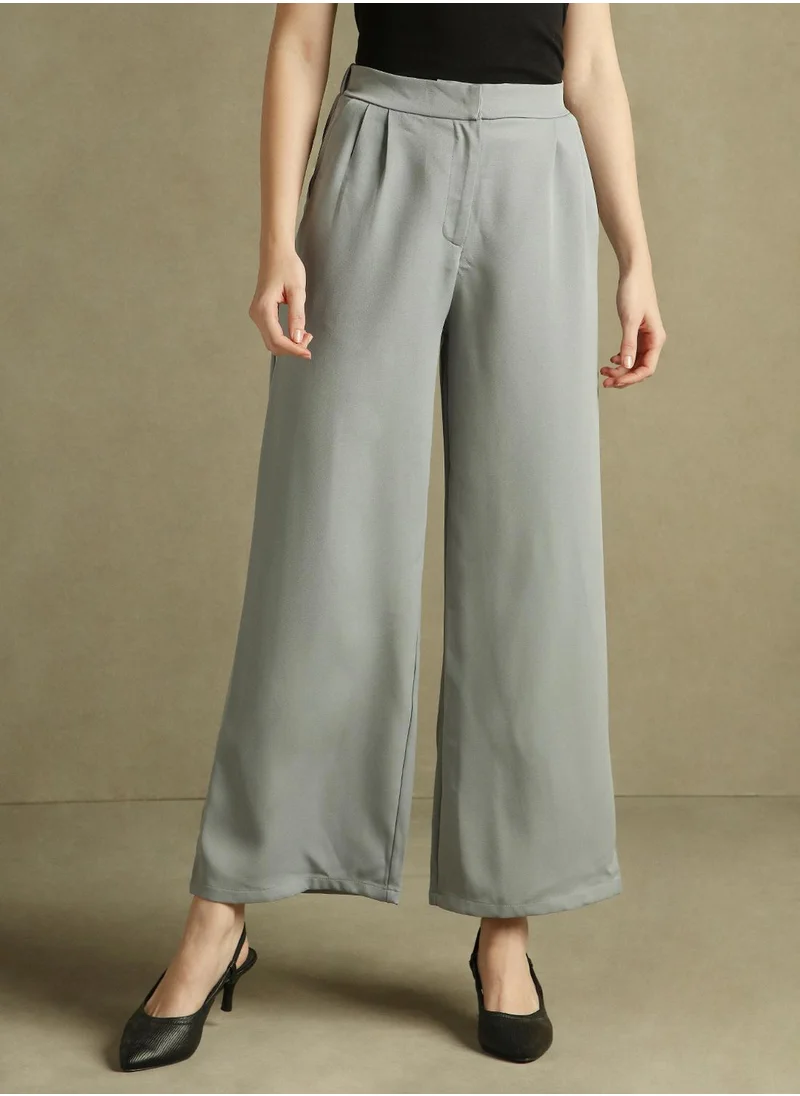 Dennis Lingo Women's Grey 100% Polyester Solid Full Length Pleat Front Relaxed Fit Trouser