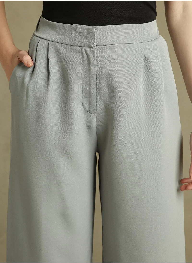 Dennis Lingo Women's Grey 100% Polyester Solid Full Length Pleat Front Relaxed Fit Trouser