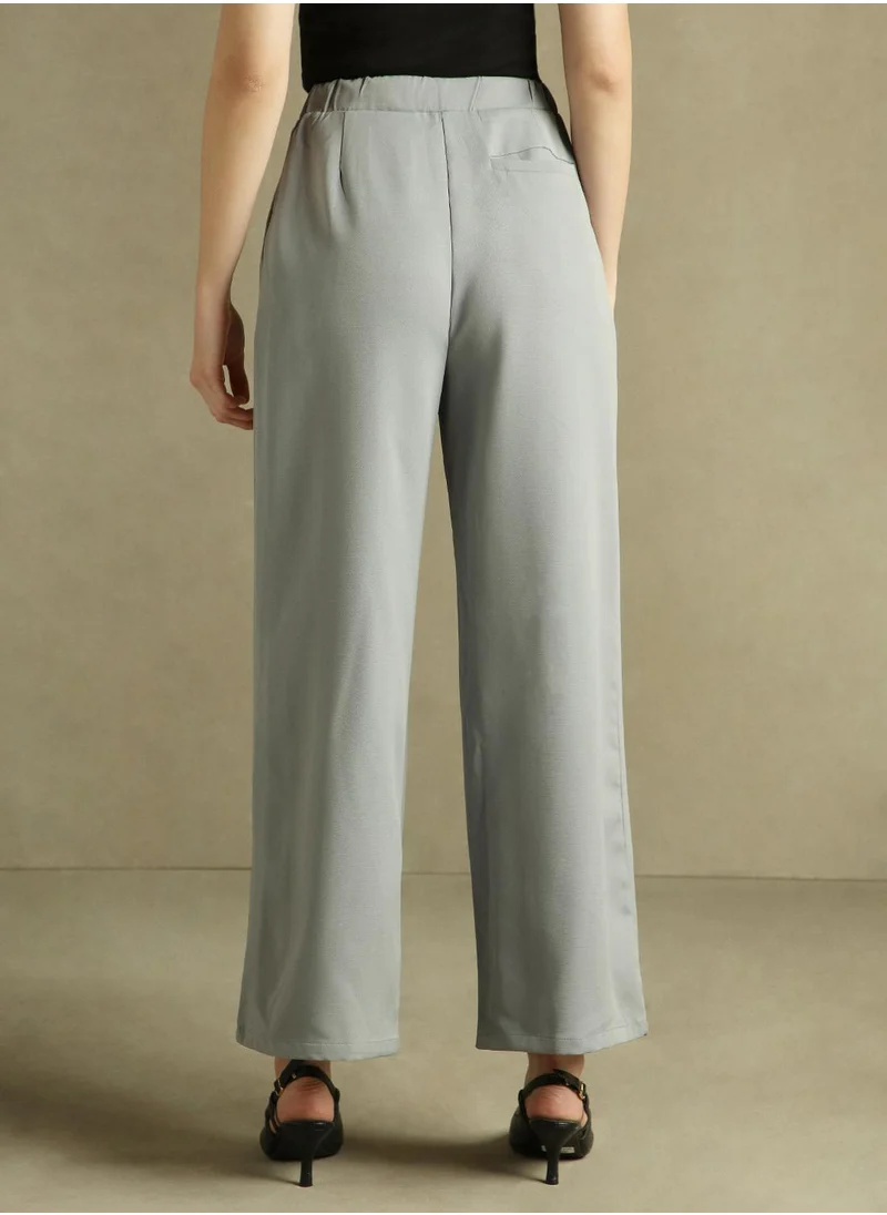 Dennis Lingo Women's Grey 100% Polyester Solid Full Length Pleat Front Relaxed Fit Trouser