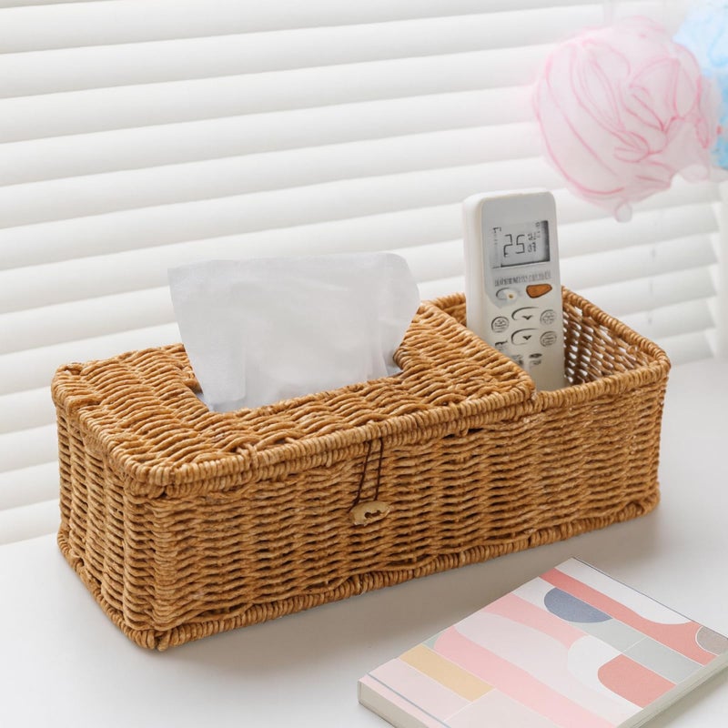 Afarnook Rectangular Natural Rattan Tissue Box Cover Rustic Boho Decorative Seagrass Woven Wicker Facial Tissue Box Holder with Side Organizer for Bathroom Living Room Night Stand Table Office - Image 2