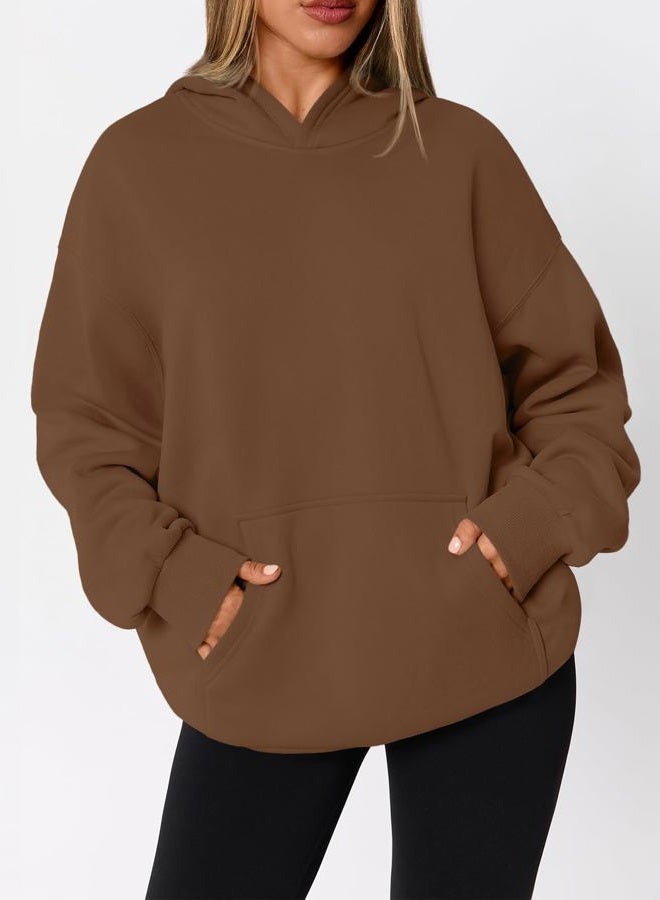 WYNNQUE Hoodies for Women Oversized Sweatshirts Fall Fashion Outfits 2025 Casual Sweaters Tops Fleece Workout Winter Clothes, Brown, L - Image 3