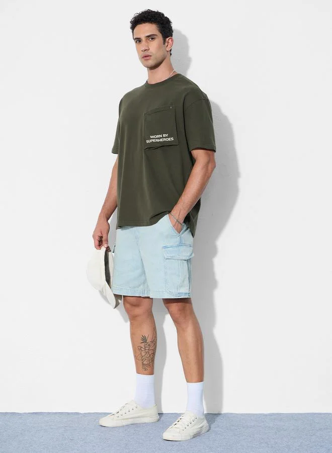 The Souled Store Men Olive Oversized T-Shirt with Zip Pocket