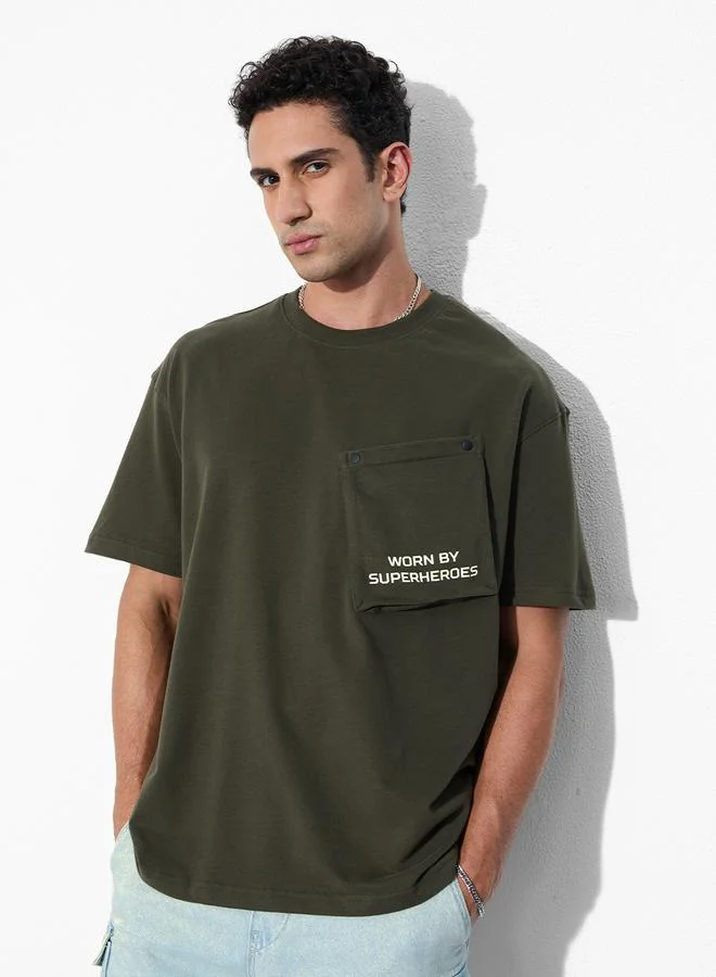 The Souled Store Men Olive Oversized T-Shirt with Zip Pocket
