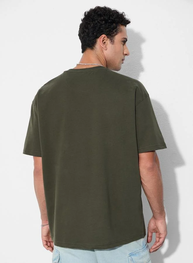 The Souled Store Men Olive Oversized T-Shirt with Zip Pocket