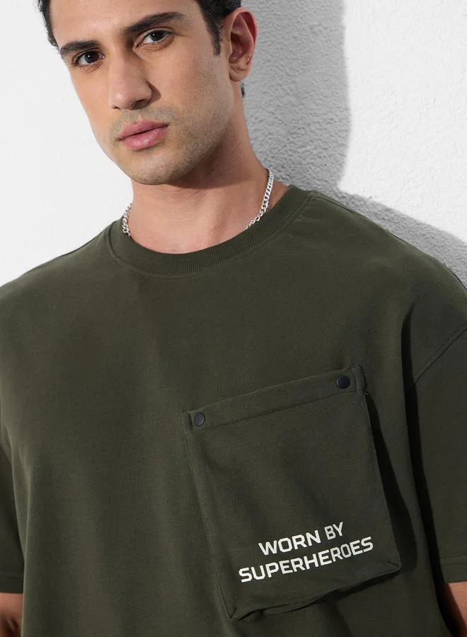 The Souled Store Men Olive Oversized T-Shirt with Zip Pocket