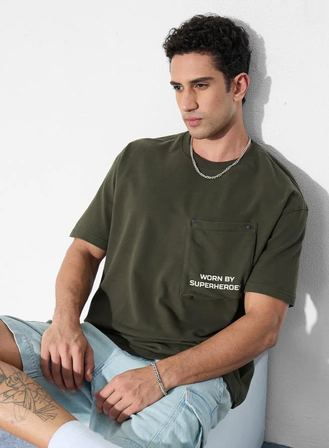 The Souled Store Men Olive Oversized T-Shirt with Zip Pocket