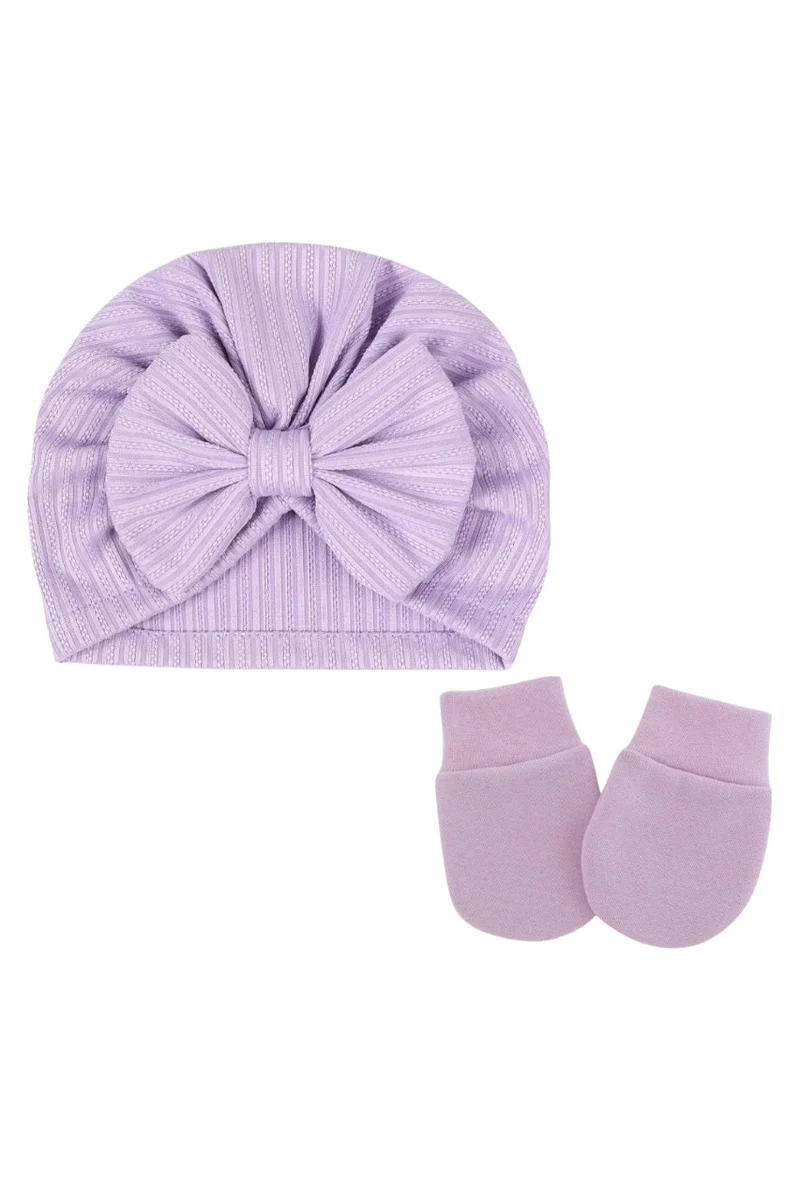 Bambimici Babybow Turban Hat And Mittens Purple