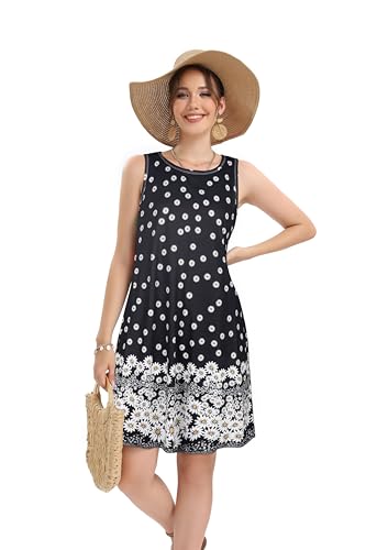 elescat Summer Dresses for Women Beach Floral Tshirt Sundress Sleeveless Pockets Casual Loose Tank Tunic(Black Daisy,XL) - Image 2