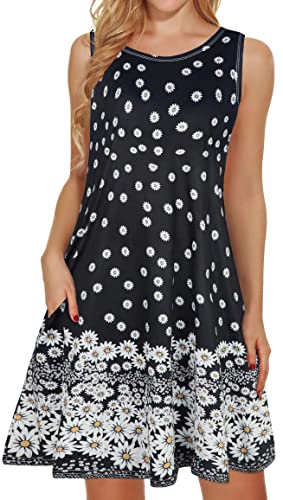 elescat Summer Dresses for Women Beach Floral Tshirt Sundress Sleeveless Pockets Casual Loose Tank Tunic(Black Daisy,XL) - Image 1
