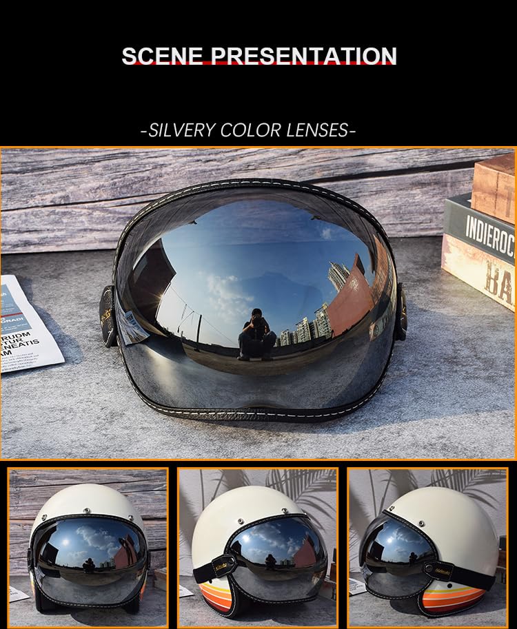 mjmoto Universal Open Face 3/4 Helmet Visor Lens Bubble Motorcycle Windshield Capacete Lens Vintage Motorbike Helmet Goggles (Sliver) - Image 3