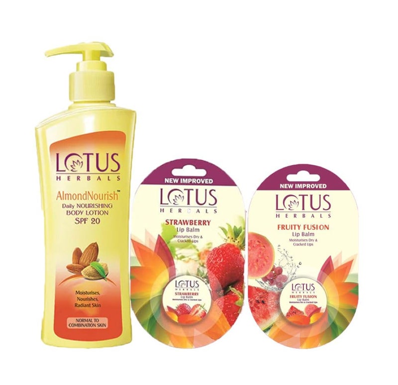 LOTUS HERBALS Lotus Herbals Winter Kit Almondnourish Daily Hand  Body Lotion_250ml  Lip BalmStrawberry_5g  Lip BalmFruity Fusion_5g Set Of 3 
