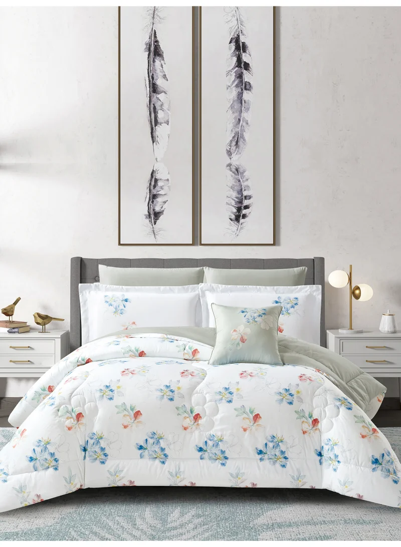 Donetella Bedding Comforter Set, King Size Fits 200x200 cm - 7-Pcs Digital Print Quilted Bed Set, Microfiber Fabric - 1 Comforter, 1 Fitted Sheet, 2 Pillow Shams, 2 Pillowcases 1 Cushion Cover.