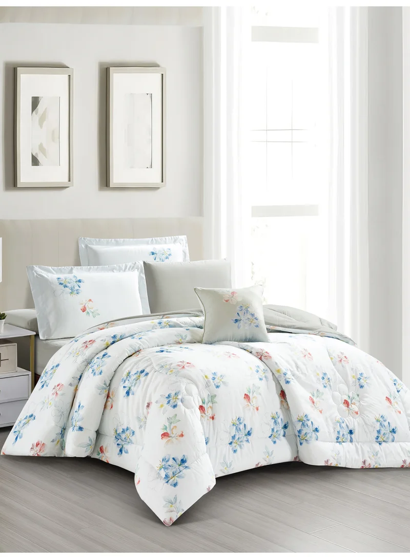 Donetella Bedding Comforter Set, King Size Fits 200x200 cm - 7-Pcs Digital Print Quilted Bed Set, Microfiber Fabric - 1 Comforter, 1 Fitted Sheet, 2 Pillow Shams, 2 Pillowcases 1 Cushion Cover.