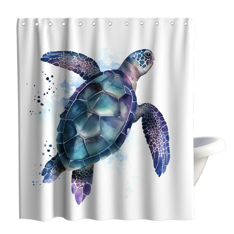 Final Friday Funny Sea Turtle Shower Curtains Ocean Animal Cartoon Kids Theme Cloth Fabric Bathroom Decor Sets with Hooks Waterproof Washable 72W x 72H inches Teal Purple - Image 1